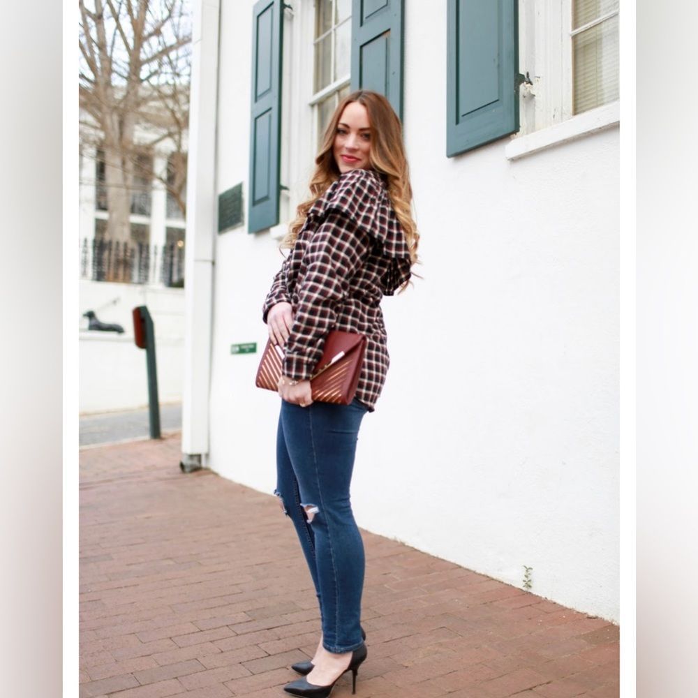 Monki Plaid Frill Ruffle Button-down Top Medium - Picture 3 of 10